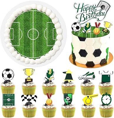 Ätbara fotbollstårtdekorationer, fotboll cupcake toppers, fotboll cupcake toppers som födelsedagsdekoration för födelsedagsfest, firanden, tårtdekoration
