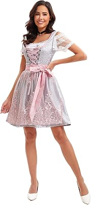 Velcoxplay Dirndl, dam, midi, traditionell klänning, dam, dirndl-klänning med spets, kostymmode inkl. Dirndlblus, dirndlförkläde, 3 delar, för Oktoberfest karneval, ROSA, XXL