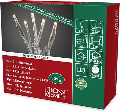 Konstsmide 6353-123 mikro LED-ljuskedja/för inomhusbruk (IP20)/24 V innertrafo/50 varma vita dioder/transparent kabel