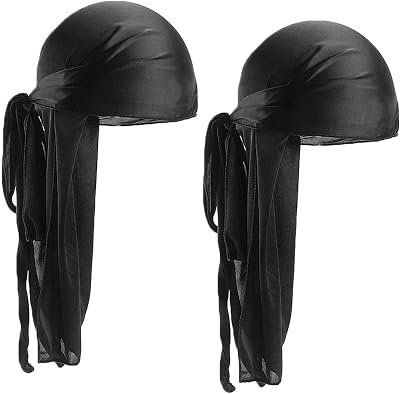 2 st Durag herr elastisk satin siden unisex piratbandana med lång svans och breda band, hiphop-tillbehör för daglig användning herr och dam, Svart + svart, one size