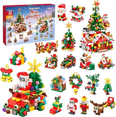 POP JOY Julkalender byggset semester nedräkning tegelleksak med 24 överraskningsdörrar, familj julaktivitet, festlig vinterscen byggsats present till barn och vuxna
