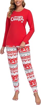 SPKPKEY 2-delad bomullspyjamas för kvinnor, långärmad med sött tryck, loungewear, nattkläder, set, Julröd, S