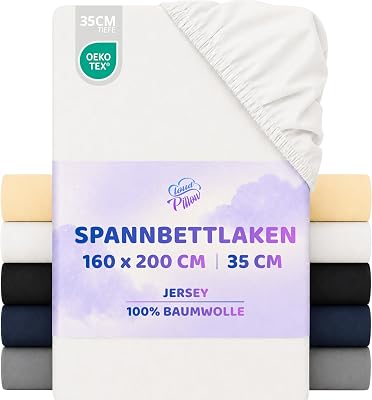 Cloud Pillow Dra-på-lakan 160x200 cm, jersey för höga madrasser och daglig sovkomfort - 100% bomull, resår runt om - upp till 35 cm, 160 g/m², OEKO-TEX Standard 100