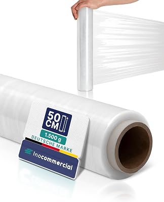 Inoverse Stretchfolie transparent blöjfilm, film för möbler och flyg, pallfolie, handstretchfolie, förpackningsfolie på rulle, stretchfolierulle, förpackningsmaterial, 50 cm/1,5 kg, 1 rulle