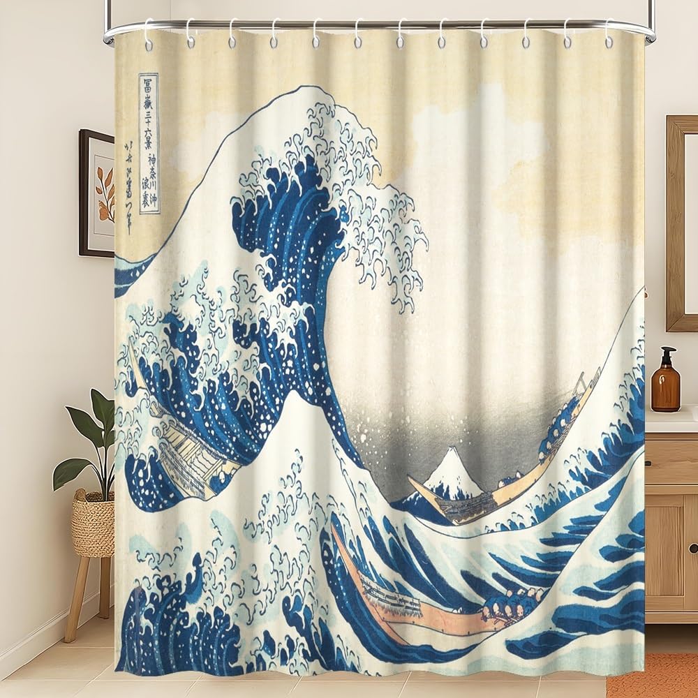 Xiaoterna traditionell japansk målning duschdraperi japansk ocean vågor badrumsgardin abstrakt havsvåg trä båt duschdraperi tvättbart vattentätt tyg badrumsdekoration 120 x 200 cm