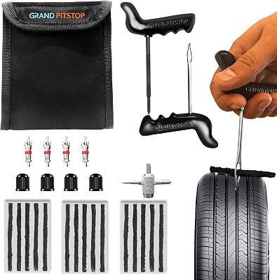 Grand Pitstop 27 st universella däckreparationskit, högpresterande nödverktygskit för bil för reparation av punktering, kompakt kit för bilar, motorcyklar, lastbilar, skåpbilar osv. (15 ränder)