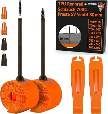 TPU-cykelslang för landsvägscykel 700x23c / 700x25c (18-25c), ultralätt 45 g för höga fälgar 45–75 mm, Presta SV-ventil 80 mm, 2-pack, 28 tum inkl. 2 däckjärn