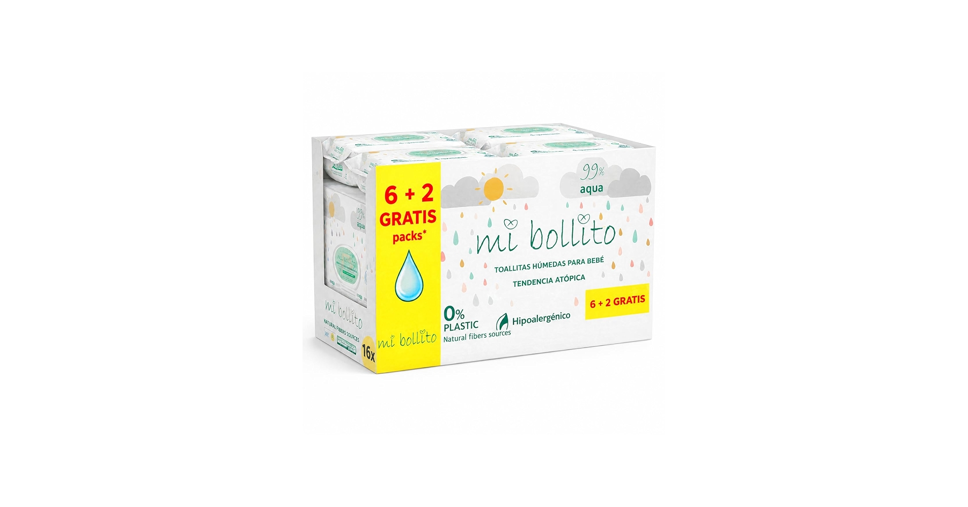 Mi Bollito - 99 % Aqua Pure babyservetter, 100 % vegetabiliska fibrer, 480 servetter, 8-pack, pH, neutral, känslig och atopisk hud, parfymfri, lämplig för nyfödda (8-pack, 8-pack)