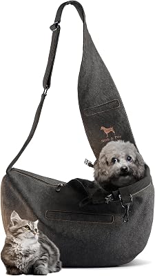 Noah & Paw Transportväska för hundar 3-10 lb, bärselen för små hundar och katter, justerbar vadderad rem, vegansk denim fodrad med päls, 3x säkerhet, maskintvättbar