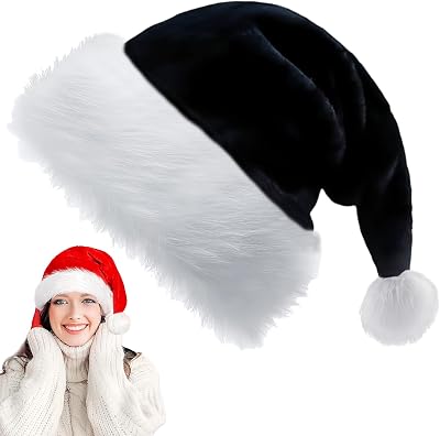 YAAVAAW Svart jultomte deluxe julhatt för vuxna, barn – 32 x 45 cm lyxig julplysch tomtedräkt – unisex festhatt för kvinnor, män – far jul nyår gåva