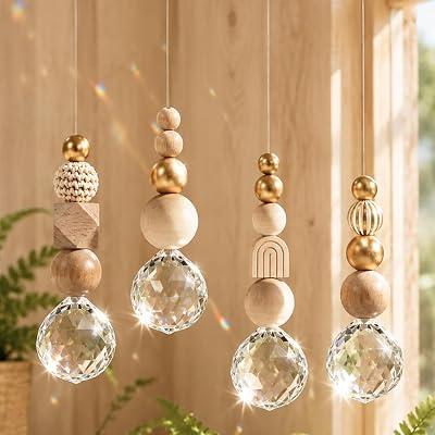Uppsättning av 5 solfångare, kristall med träpärlor, Suncatcher, fönster, dekorativt solfångare, pysselset med kristallkula och träpärlor, fönsterdekoration, skandinavisk, ljusfångare för trädgård och