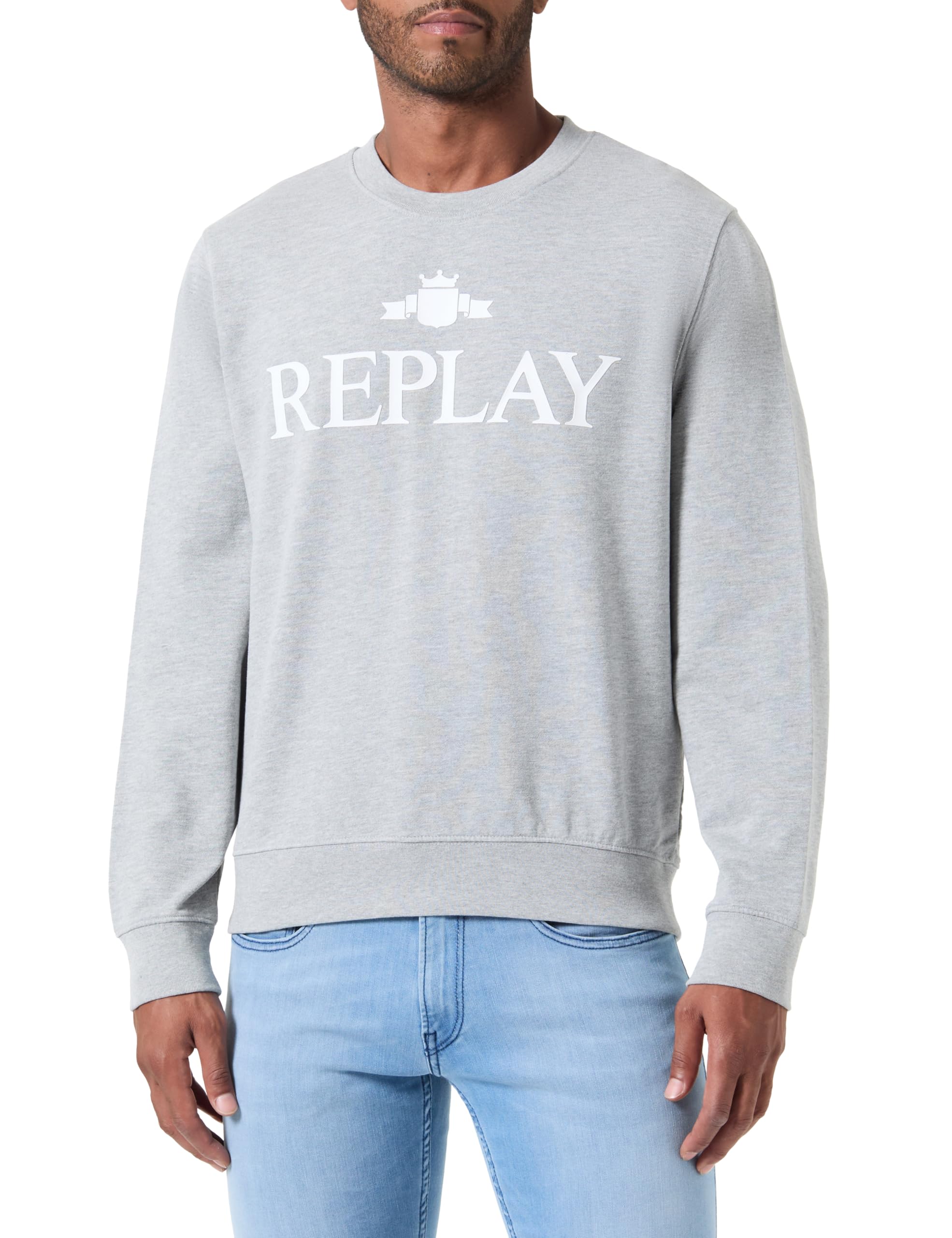 Replay Sweatshirt för män, normal passform med rund hals, M08 ljusgrå melerad, XS