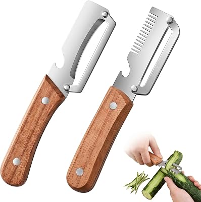 MYZWEL Set med 2 grönsaksskalare och skalare med trähandtag – multifunktionell Julienne skärare och fruktskalare av rostfritt stål för köket, potatisskalare och morotsskalare set