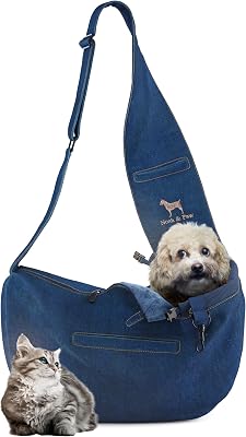 Noah & Paw Transportväska för hundar 5-18 lb, bärsel för små hundar och katter, justerbar vadderad rem, vegansk denim fodrad med päls, 3x säkerhet, maskintvättbar