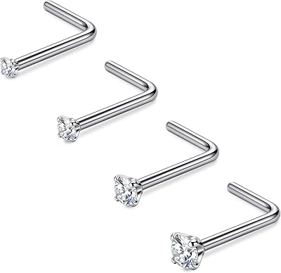 CIZME Titan F136, näspiercing, set om 4, 20 g, 0,8 mm, L-form och skruv, näsbult med zirkon, 1,5–3 mm, storlekar, blandning, hudvänlig för kvinnor och män, silver/guld, 20G(0.8mm),