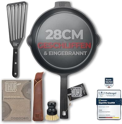 THOR Gjutjärnspanna Induktion 28 cm Inkl. Tillbehör – Slipade Ytor I Stekpanna Induktion, Gjutjärnspanna, Grill, Järnpanna, Stekpanna I Gjutjärn