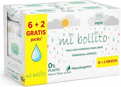 Mi Bollito - 99 % Aqua Pure babyservetter, 100 % vegetabiliska fibrer, 480 servetter, 8-pack, pH, neutral, känslig och atopisk hud, parfymfri, lämplig för nyfödda (8-pack, 8-pack)