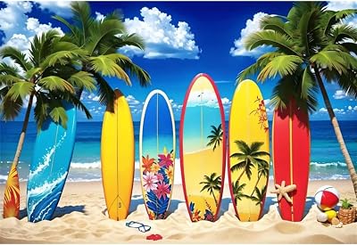 SDOTPMT 1,8 x 1,2 m sommar surfande bakgrund färgglad Hawaiian Ocean surfing surfbräda tropiska palmträd fotografi bakgrund för resor surfing födelsedagsfest dekorationer bakgrund
