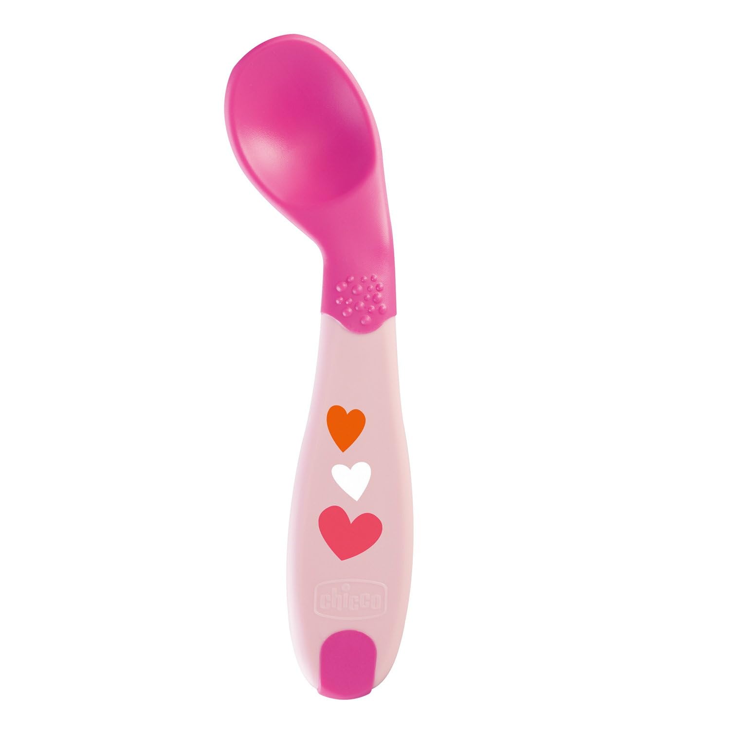 Chicco, första sked, avvänjningssked för barn, liten och lätt, med vinklad form och ergonomiskt handtag för att lära sig att äta på egen hand, rosa färg, för barn 8 månader+