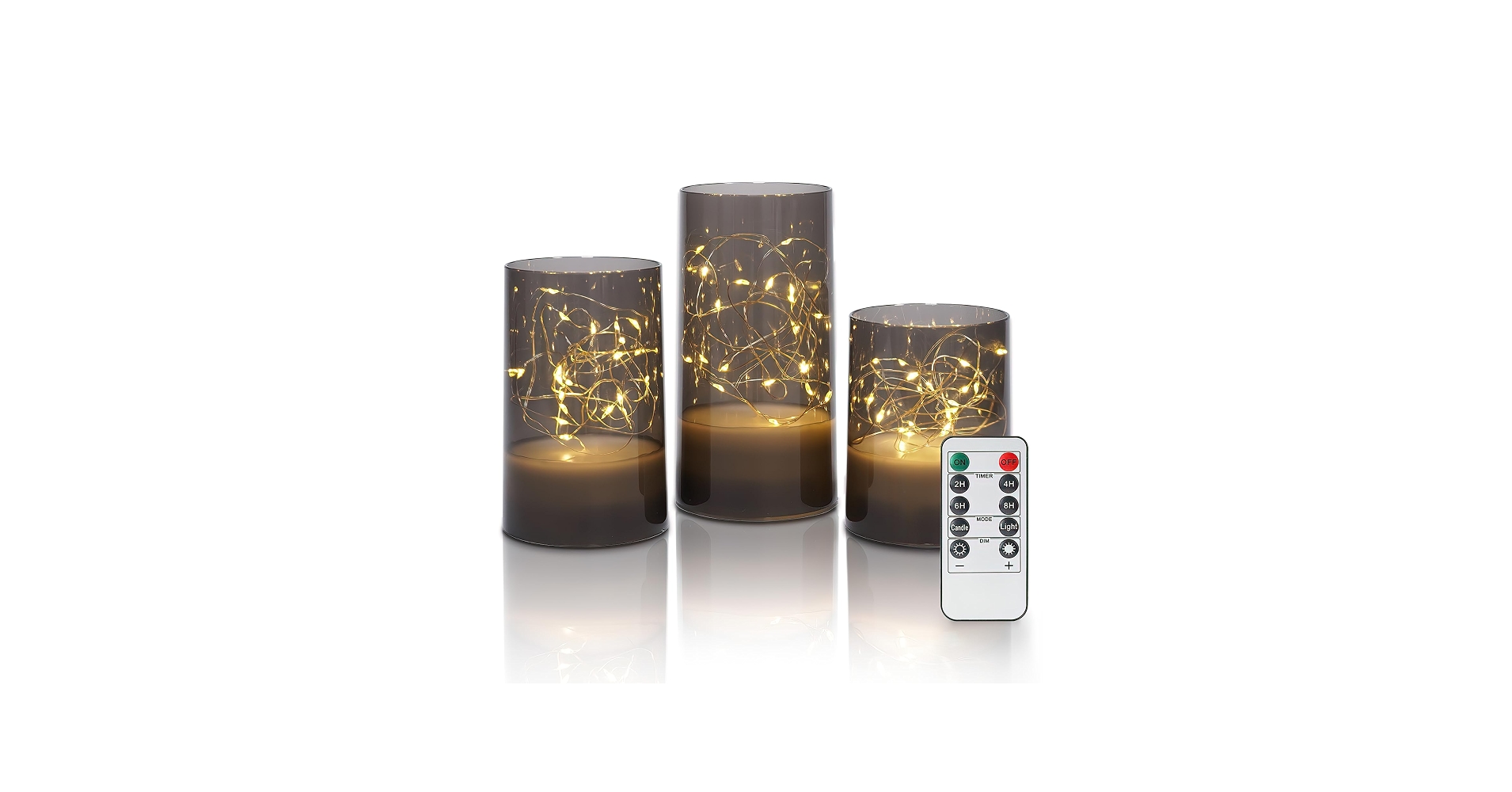Fanna 3 ljusslingor med fjärrkontroll för bordsuppsats, inbäddade blinkande ljusslingor i batteridrivna flamlösa ljus till jul – grå akryl – H 10/12,5/15 cm