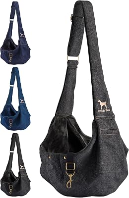 Noah & Paw Transportväska för hundar 3-10 lb, bärsel för små hundar och katter, justerbar vadderad rem, premiumdenim fodrad med päls, dubbel säkerhet, maskintvättbar
