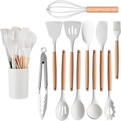 LiangYuanZen praktiskt set med 12 köksredskap, silikon och trähandtag, värmebeständig, non-stick-beläggning och lätt att rengöra, silikonspatel, köksredskapsset, diskmaskinssäker (vit)