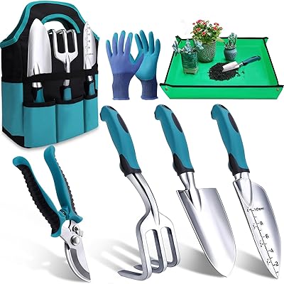 Kynup Trädgårdsverktygsset, 7 delar trädgårdshandverktyg, rostsäkert trädgårdsverktyg med hållbar förvaringsväska, ergonomiskt halkfritt handtag, idealiska trädgårdsgåvor för kvinnor och män