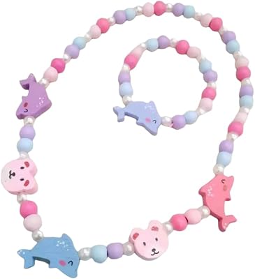 MHDAMAI Färgglada trä barn smyckeset, prinsesshalsband armband set enhörning pärlor halsband och armband present till flickor födelsedagsfest klä upp tillbehör, delfiner