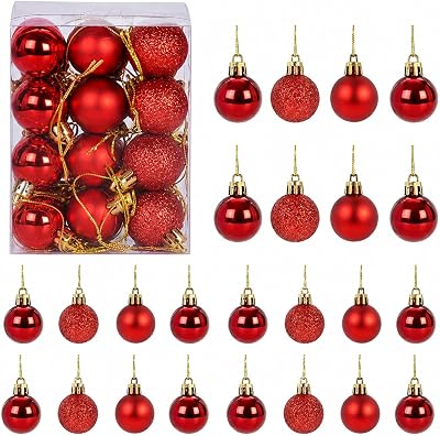 Set med julgranskulor, 24 stycken, röda, julgransprydnader, 4 cm, okrossbara kulor med glans, matt och glitterutseende, vacker festlig dekoration för inomhus, julgransprydnader, röda mix