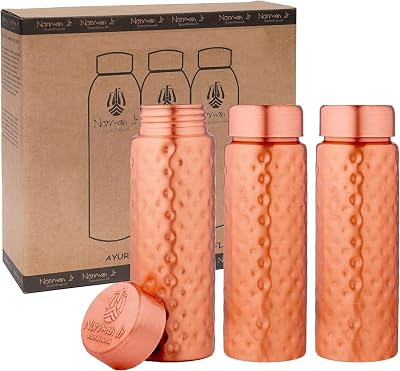 NORMAN JR smal hamrad kopparvattenflaska 400 ml – presentförpackning med 3 delar, ett ayurvediskt behållare av ren koppar – hjälper dig att dricka mer vatten, med många hälsofördelar