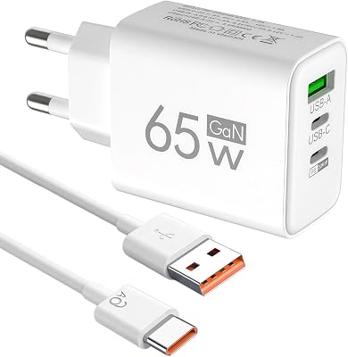 65 watt laddare USB C strömförsörjning PPS snabbladdare 65 W 3-port GaN PD-laddare, USB A och typ C-laddare för 16/15, för iPad Samsung Galaxy, för MacBook Pro/Air, med 1 m typ C-kabel