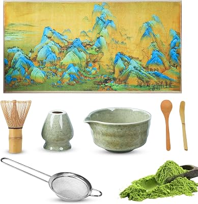 Matcha 7-delat set Matcha-set, matcha-skål, inklusive matcha-visp, matcha-sil, tevisp, kökshandduk och matcha-sked, perfekt för nybörjare och teentusiaster